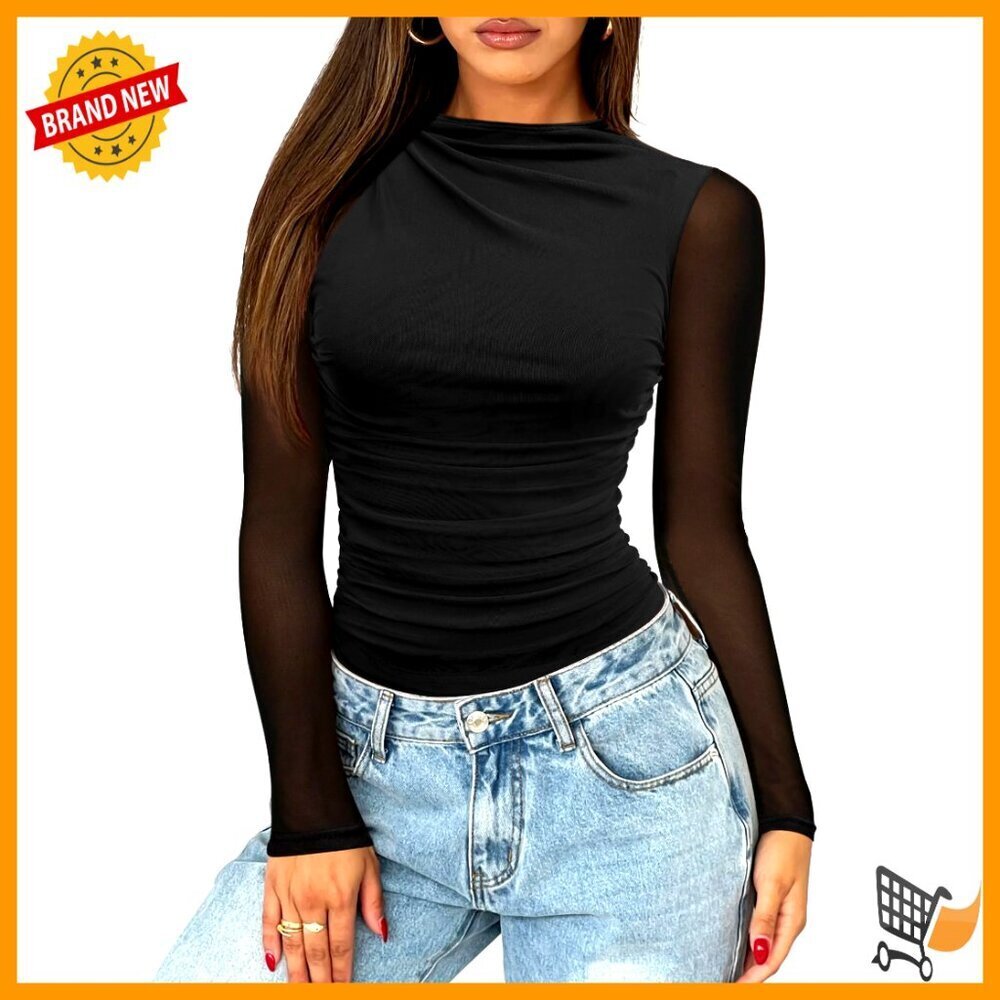 Mesh Bodysuit Long Sleeve Mock Neck Ruched Thong Top Sexy Club Date Night